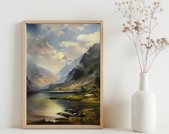 Scotland Highland Vintage Oil Painting, Farmhouse Wall Art, Scottish Mountain Print Landscape Art Oil Painting Living Room Art Print | SG#28