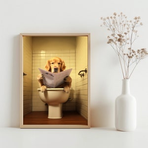 a dog sitting on a toilet reading a newspaper