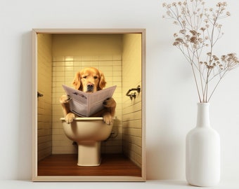Golden retriever badkamerkunst, grappig badkamerdecor, hond op toilet, kinderbadkamer kunst aan de muur, golden retriever kunst aan de muur, leuke badkamer | SG#95