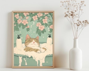 Cute Cat Bathroom Wall Art, Tabby Cat in Bathtub, Neutral Minimalist Poster, Japanese Bathroom Decor, Japan Art Print, Aesthetic Art | SG400