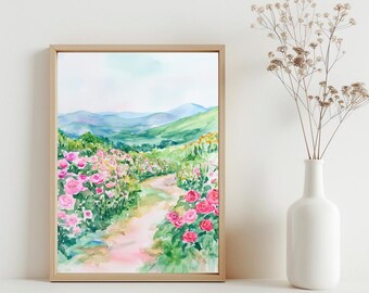 Watercolor Flower Landscape Wall Art, Summer Garden Flowers Print, Impressionist Pink Colorful Printable Poster, Scenery Wall Art | SG#198