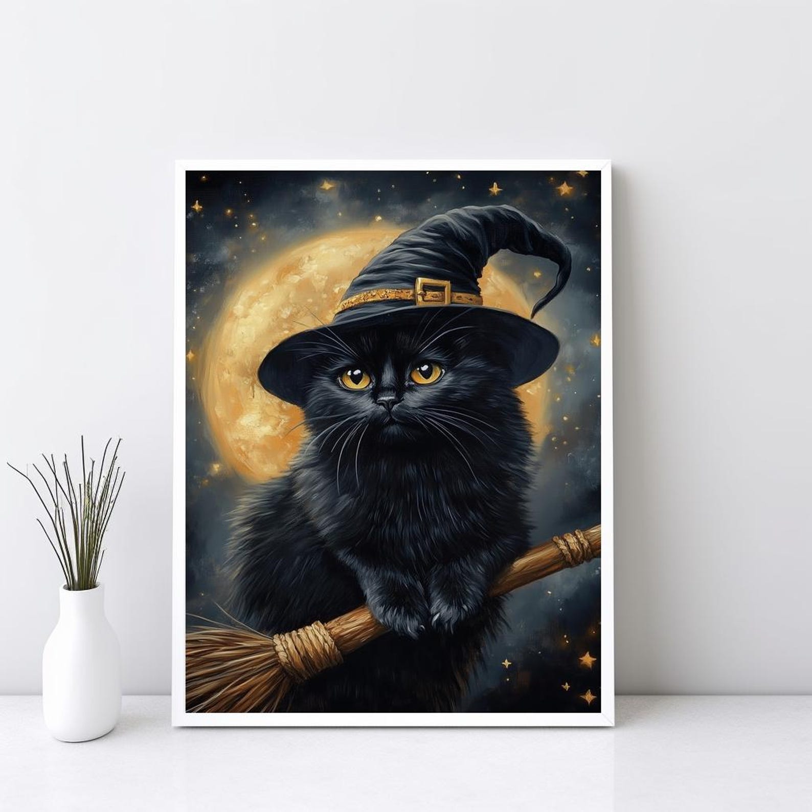 Black Cat Halloween Art, Cute Cat on Broom Wall Art, Witchy Cat Print ...