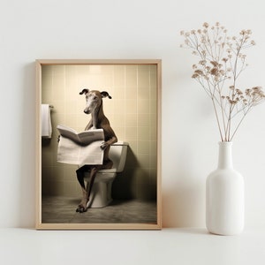 Greyhound Wall Art, Dog Reading News Paper Art, Funny Bathroom Decor, Greyhound in Toilet, Greyhound Gift, Bathroom Wall Art Print | SG#91