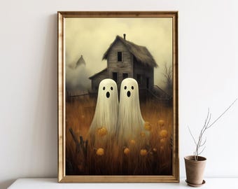 Ghosts Art Print, Halloween Decor, Halloween Art Print, Two Cute Ghosts Field, Spooky Vintage Halloween Printable Wall Art Poster | SG#123