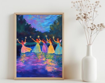 Cuadro de hadas para pared, póster infantil de estilo caprichoso y femenino, impresión de arte de pared en colores pastel mágicos, decoración imprimible para habitación de niña colorida / SG313