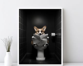 Corgi Funny Wall Art, Bathroom Decor, Corgi Dog on Toilet, Grayscale Dog Art, Dog Reading Newspaper Art, Pembroke Welsh Corgis Gift | SG#120