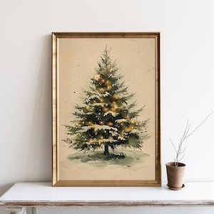 Vintage Christmas Tree Wall Art, Winter Evergreen Tree Painting, Moody Natural Antique Print, Holiday Decor Printable Art Poster | SG#303