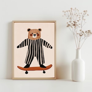 Skateboarding Bär Kinderzimmer Wandkunst, verspielter Bär Kinderdekor, wunderliches Tier Kinderzimmer-Druck, druckbare Kunst digitaler Download | SG416