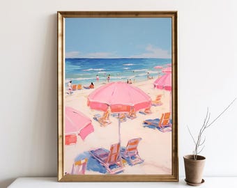 Retro Beach Wall Art, Pink Girly Beach Wall Art, Preppy Coastal Room Decor, Vintage Beach Print Poster, Abstract Coastal Painting | SG#133