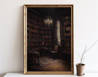 Vintage Victorian Library Painting, Dark Library Painting, Moody Wall Art, Light Academia Print, Dark Gothic Art Print Book Art | SG#162