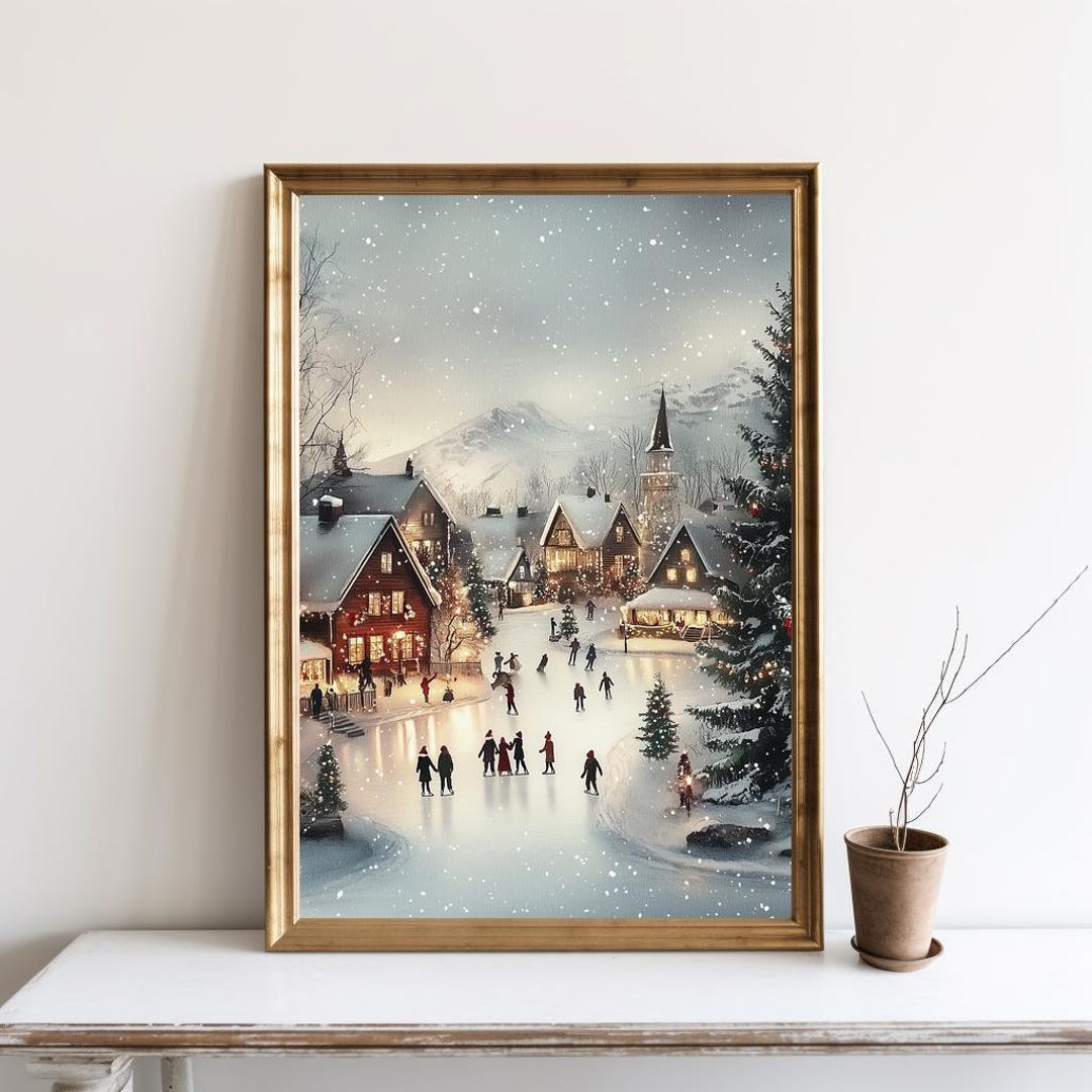 Winter Village Wall Art Print, Christmas Painting, Snowy Village Poster ...