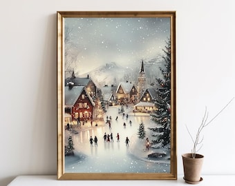 Väggkonsttryck med vinterby, julmålning, snöig byaffisch, festlig semesterinredning, säsongsbetonad digital konsttryck | SG#270