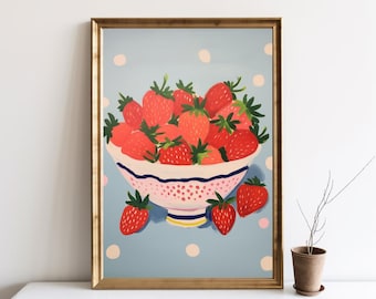 Aardbei Wall Art Print, aardbeien in een kom afdrukbare kunst, blauwe keuken wanddecoratie, aardbei vintage schilderij kunst downloaden | SG#137
