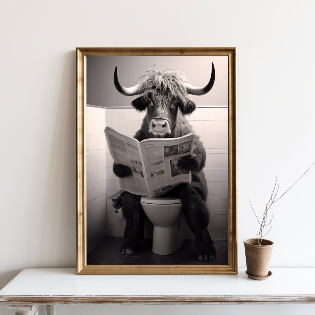 Funny Bathroom Wall Decor, Highland Cow Sitting on the Toilet Reading a ...