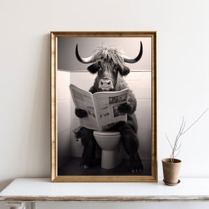 Funny Bathroom Wall Decor, Highland Cow Sitting on the Toilet Reading a Newspaper,  Funny Animal Print, Bathroom Wall Art Print, JPG | SG#65