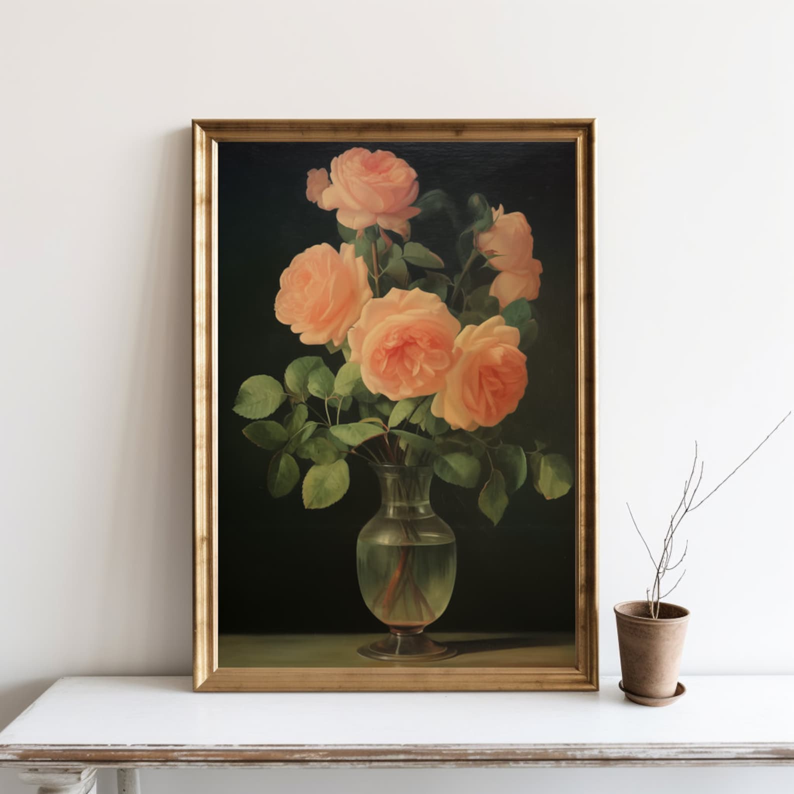 Flower Wall Art, Pink Roses Vase Art Print Antique Floral Olive Green ...