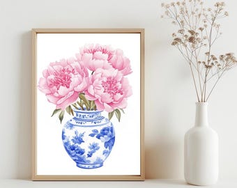 Pink Peonies Watercolor Wall Art, Chinoiserie Watercolor Flower Print, Chinoiserie Art Poster, Peony Flower Art Peonies Paeonia Art | SG#192