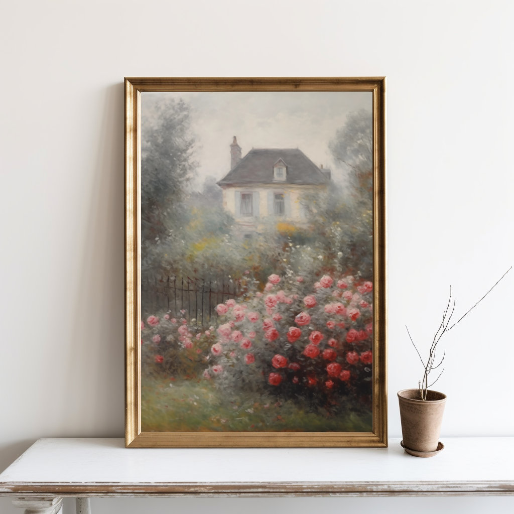 Cottage Oil Painting, Rose Garden Wall Art, Summer Vintage Muted Print ...