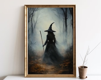 May include: A painting of a witch walking through a foggy forest. The witch is wearing a black dress and a pointed hat. The forest is dark and mysterious.