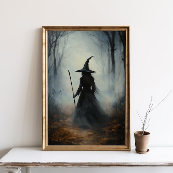 Póster de bruja en el bosque, arte de brujas, póster vintage de