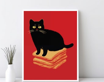 Funny Cat Poster, Black Cat Digital Wall Art Print, Cute Kitten Illustration, Cat Lover Gift, Cat Doing Things Bread Wall Decor, JPG | SG#56