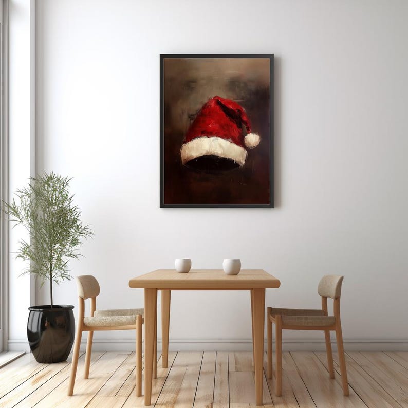 Målning av julhatt, väggdekorationer med julgranskulor, stillebenmålning med jultomte, rustik julkonst, vintage julkonsttryck | SG#168 bild 4