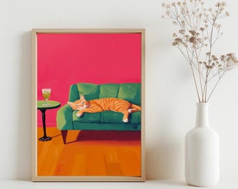 Ginger Cat with Martini Art Print, Bar Cart Art Cocktail Art, Cute Mid-Century Quirky Whimsical Canvas Art, Orange Cat Art Poster | SG387