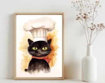 Impression d'art mural chat chef, téléchargement immédiat d'oeuvres d'art imprimable, cadeau de fête des mères pour amoureux des chats, décoration murale cuisine chat chapeau de chef, impression pâtisserie | SG n°72