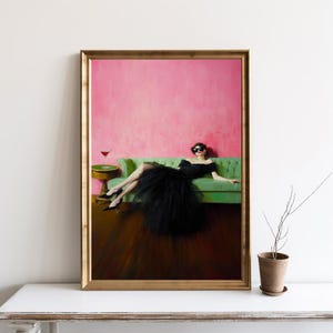 Elegancka kobieta Sofa Martini Cocktail, Bar Cart Art Decor, Dekadencka młoda kobieta, Miękki tonalny obraz olejny, Estetyczny prezent olejny | SG389