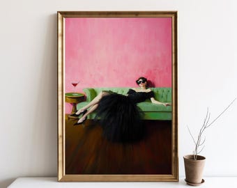 Elegant Woman Sofa Martini Cocktail, Bar Cart Art Decor, Decadent Young Woman, Soft Tonal Oil Painting, Aesthetic Oil Painting Gift | SG389