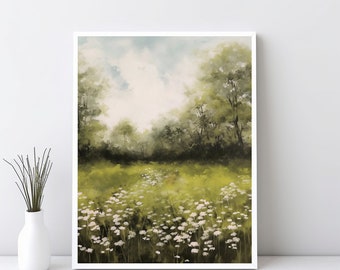Pintura al óleo de paisaje de campo de flores, arte imprimible de paisaje de flores silvestres, arte de pared de primavera, decoración de estilo vintage, impresión de verano, flores / SG#78