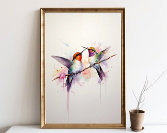 Hummingbirds Watercolor Bird Wall Art, Cute Watercolor Bird Painting, Colorful Abstract Bird Poster ACEO Bird Watercolor Print Decor | SG#14