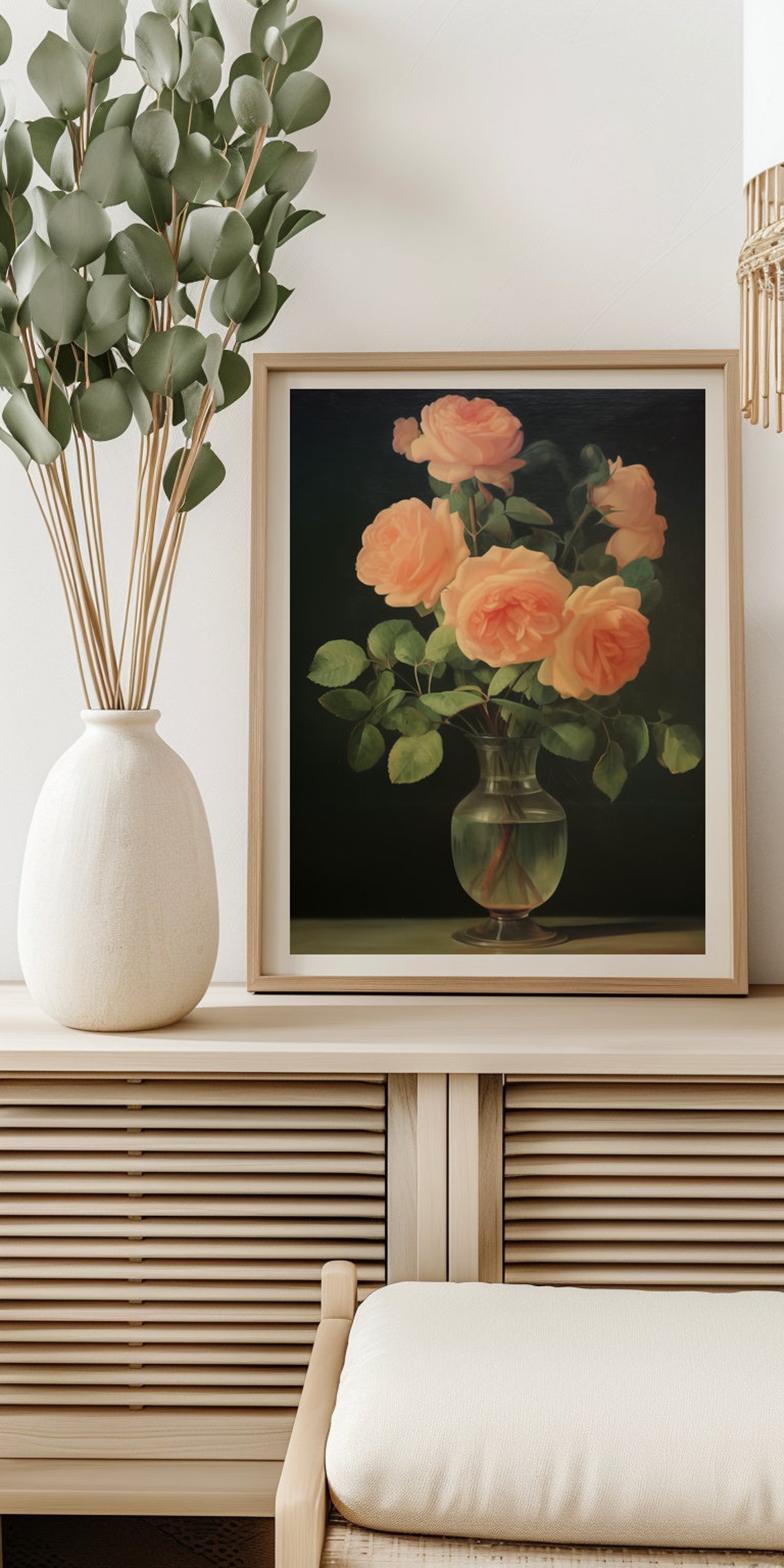 Flower Wall Art, Pink Roses Vase Art Print Antique Floral Olive Green ...