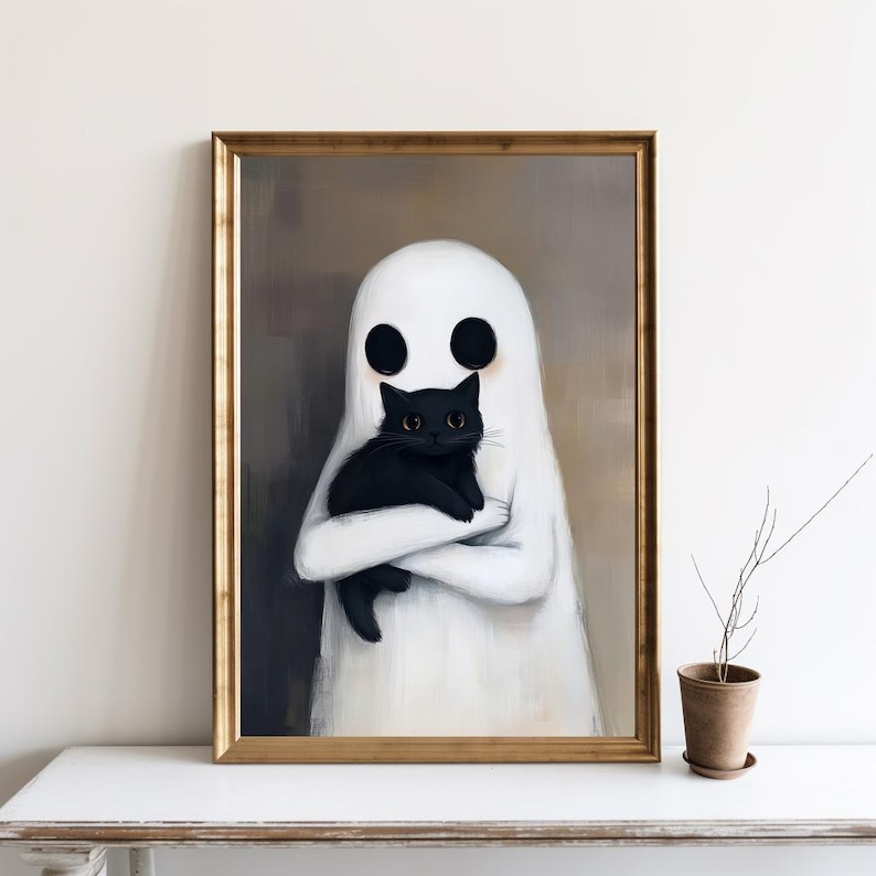 Cute Ghost Holding a Black Cat Print, Halloween Printable Wall Art ...