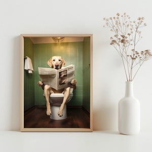 Labrador Retriever Funny Wall Art, Bathroom Decor, Labrador Retriever Dog on Toilet, Labrador Dog Reading Newspaper Art Poster | SG#111