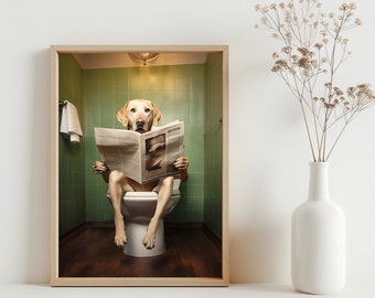 Labrador Retriever Funny Wall Art, Bathroom Decor, Labrador Retriever Dog on Toilet, Labrador Dog Reading Newspaper Art Poster | SG#111