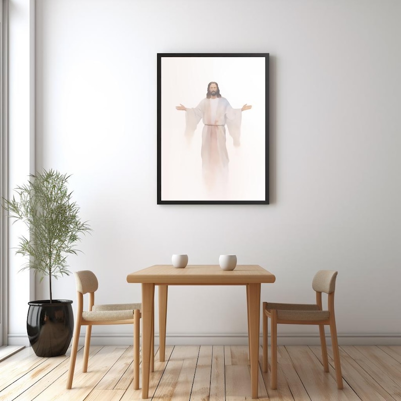 May include: A framed print of a painting depicting a man in a white robe with his arms outstretched. The background is a soft, white and pink gradient.