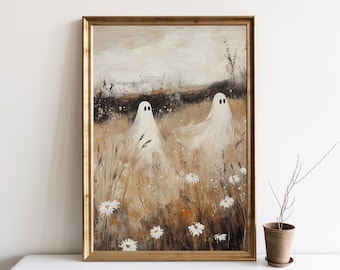 Arte murale di Halloween con campo di fiori selvatici fantasma, stampa di paesaggio autunnale vintage, poster di Halloween vintage, pittura spettrale autunnale, arte murale / SG#289