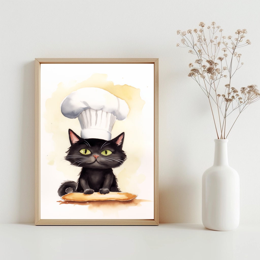 Chef Cat Art Print, Cat Making Biscuits Wall Art, Cute Cat Chef Hat Wall Decor, Cat Lover Mothers Day Gift, Kitchen Wall Art Decor | SG#71