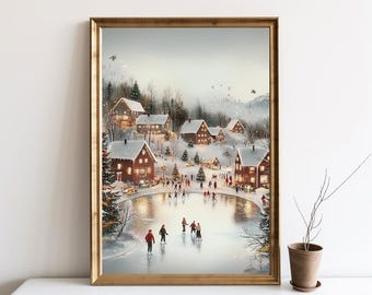 Väggkonsttryck med vinterby, julmålning, affisch med snöig by, festlig semesterinredning, digitalt konsttryck med säsongsbetonad design | SG#269