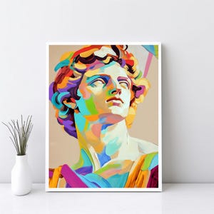 Pode incluir: Uma pintura colorida de uma escultura clássica da cabeça e dos ombros de um homem. A pintura é feita em um estilo vibrante com tons de azul, verde, amarelo, laranja e roxo.