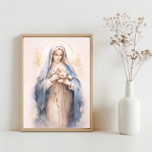 Arte de la pared de la acuarela de la Virgen María, Impresión digital de María Santísima, Descarga digital católica, Arte cristiano, María Madre de Jesucristo / SG#140