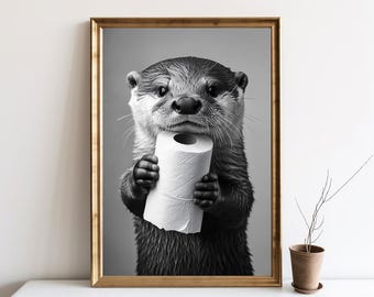 Cute Otter Holding Toilet Paper Roll Bathroom Wall Art, Funny Bathroom Poster, Cute Animal Bathroom Decor, Toilet Humor Art Painting | SG314