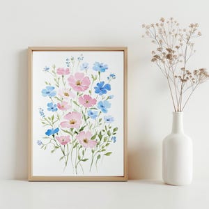 Pink And Blue Flower Wall Art, Wildflower Floral Watercolor Printable Artwork, Girl Bedroom Wall Poster, Flower Painting Wall Decor | SG#194