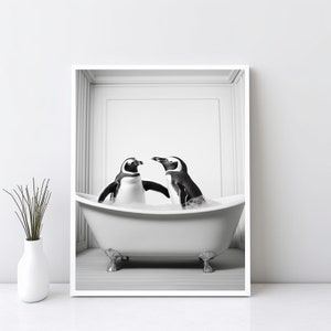 Adorable Penguins Playing in Bath Tub Printable Wall Art, Cute Penguin Photo, Penguin Bathroom Art Print, Bathroom Wall Decor, JPG | SG#68