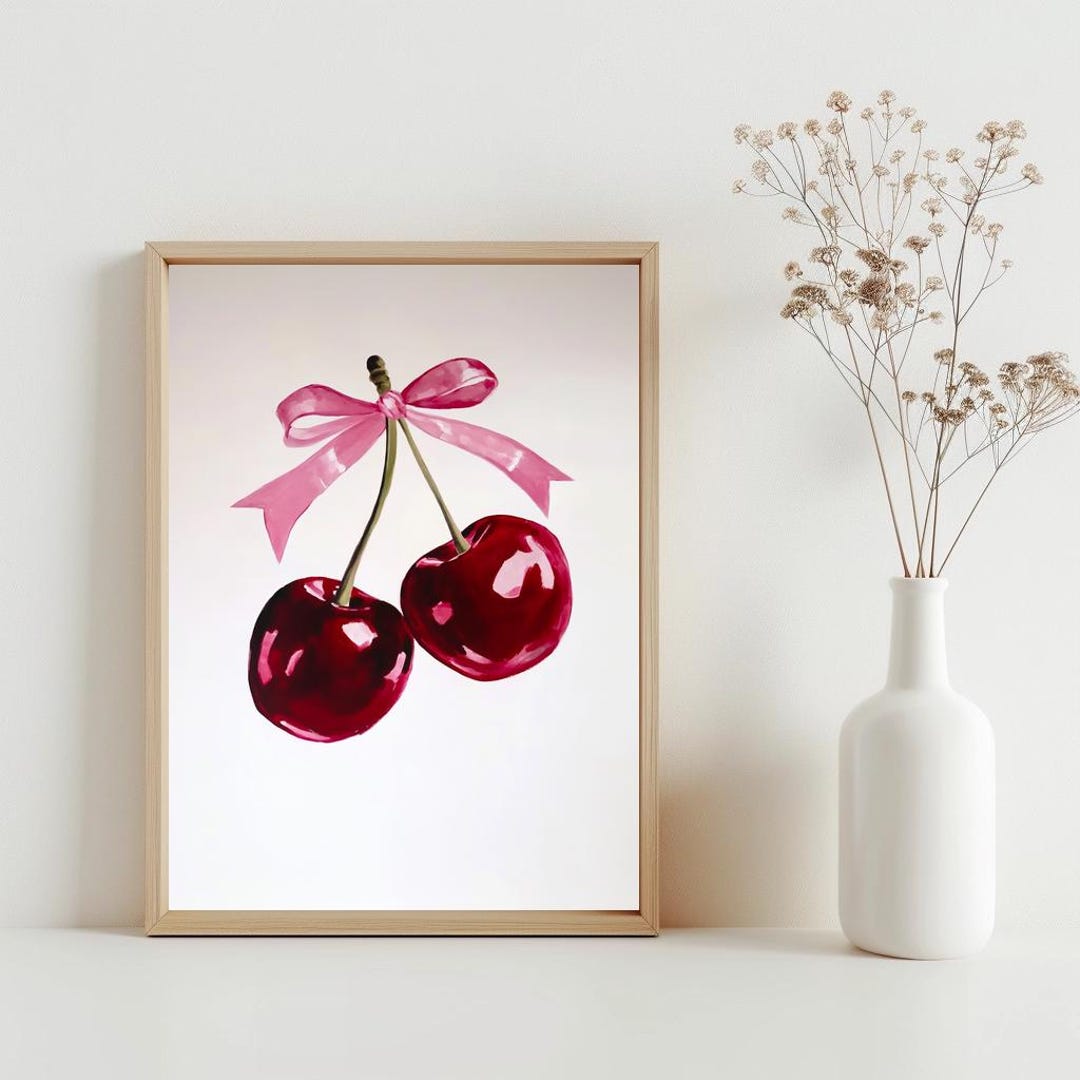 Cherry Wall Art Print, Trendy Cherry Art, Coquette Pink Bow Bedroom ...
