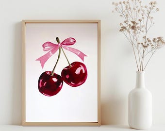 Kirschen Wand Kunst Druck, Trendy Kirschen Kunst, Kokette Rosa Schleife Schlafzimmer Dekor, Feminines Poster Girly Preppy Ästhetik Uni Wohnung | SG#171
