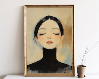 Op de afbeelding: Een schilderij van een vrouw met haar ogen dicht. Ze draagt een zwarte turtleneck trui en heeft een zachte, dromerige uitdrukking. De achtergrond is in gedempte geel- en blauwe tinten.