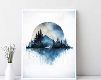 Watercolor Mountain Wall Art, Blue Mountain Poster, Nature Landscape Art Print, Home Wall Decor Forest Digital Prints Blue Water Color | SG5