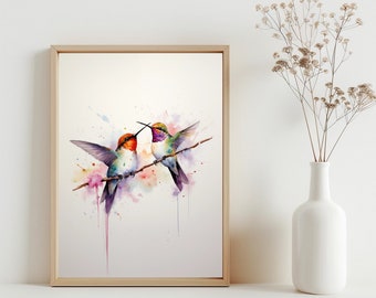 Hummingbirds Watercolor Bird Print, Hummingbird Painting Wall Art, Colorful Watercolor Bird Decor, Colorful Art Printable Download | SG#14